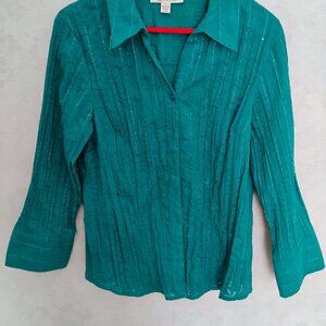 JM Collection Women's Teal Green Button-Down Blouse 3/4 Sleeves Size 8